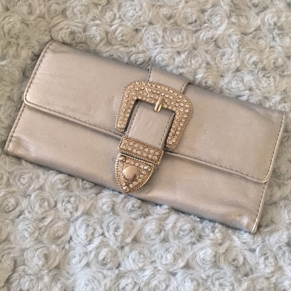 Metallic Silver Rhinestone Belt Buckle Wallet